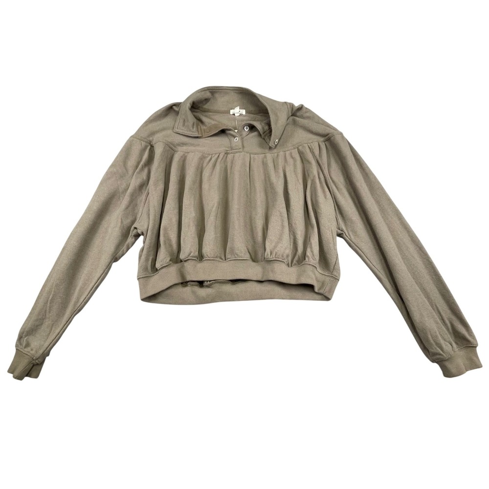 NWT Aerie Womens Cropped Henley Sweatshirt Tan Taupe Gathered Yoke XS 0743-3658